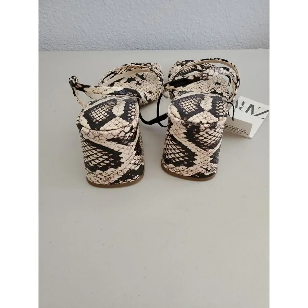 Zara Sandals Women 8 EUR 39 Snake Print Square Toe Block Air Fit Insole Foam - Picture 4 of 16